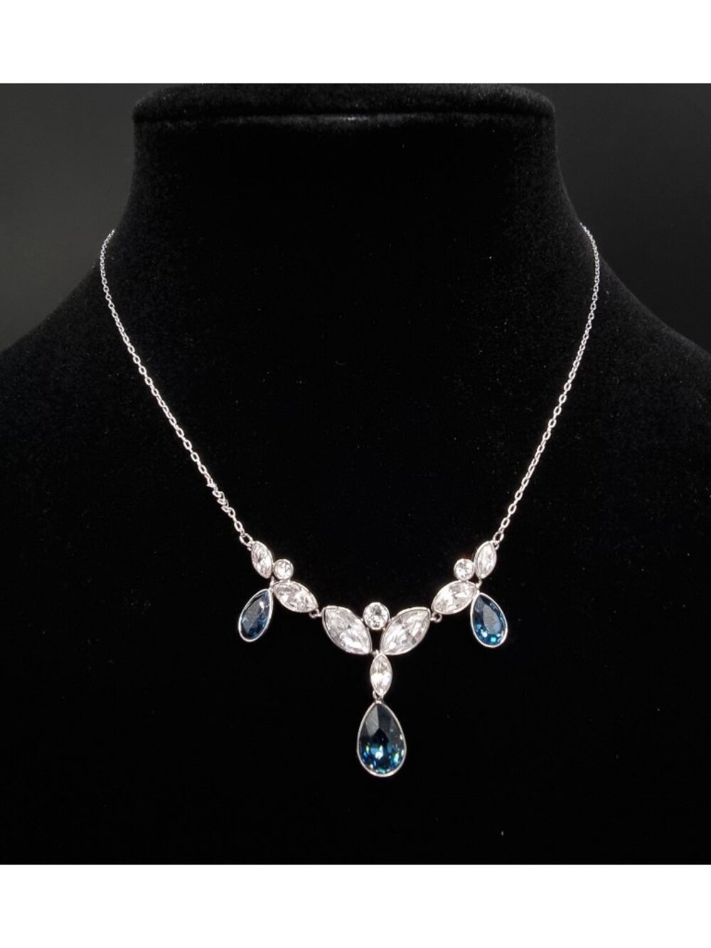 Rare Find Swarovski Silver-Tone Necklace With Blue & Clear Crystal Teardrop